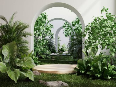 Tropikal ormanda ürün sunumu için ahşap podyum arkasında beyaz yaya geçidi kemeri var. 3d oluşturma