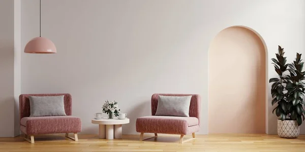 Scandinavian living room with two pink armchair on empty white wall background.3d rendering