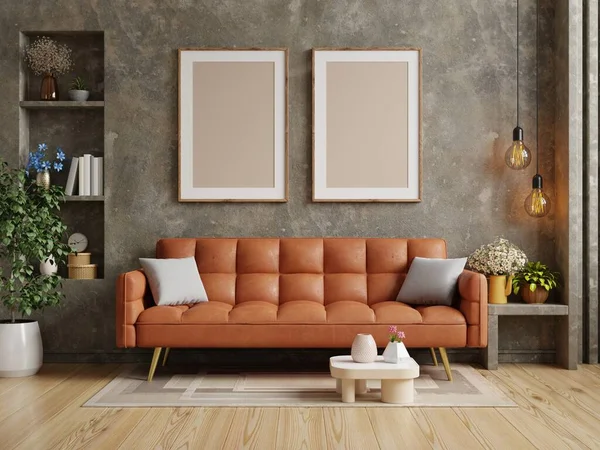 Living room have orange leather sofa and poster frame mock up on concrete wall.3d rendering