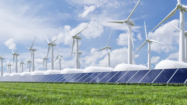 Windturbinenanlage Für Saubere Elektrizität Solar Und Wasserstoff Energiespeicher Gastank Rendering — Stockfoto