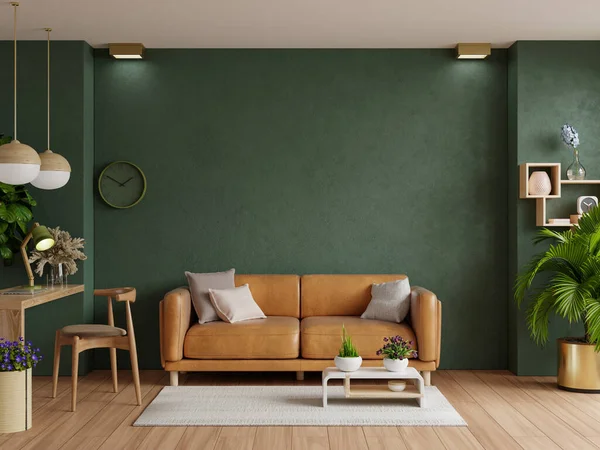 Light room with leather sofa and decoration room on empty dark green wall background.3d rendering