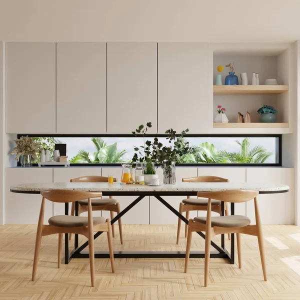 Moderno Diseño Interior Del Comedor Hay Una Cocina Parte Posterior — Foto de Stock