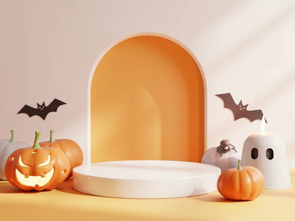Halloween Mit Podium Plattform Haben Kürbisse Fledermaus Spinne Ghost Rendering — Stockfoto