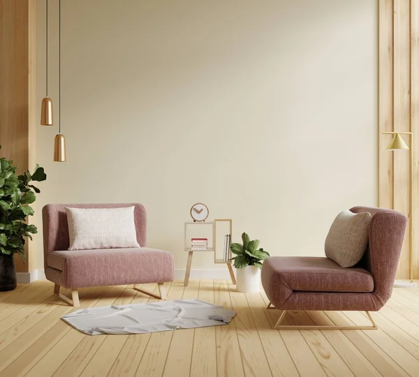 Scandinavian living room with two pink armchair on empty white wall background.3d rendering