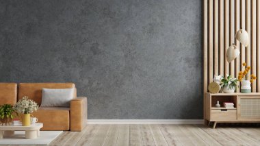 Oturma odasının içinde turuncu deri kanepe, tavan arası tarzı ev beton duvarda 33D döşeme.