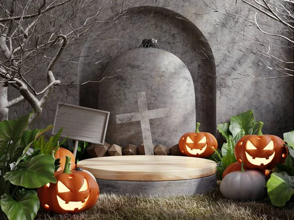 Dřevěný Podstavec Hřbitově Pro Prezentaci Produktů Halloween Pozadí Vykreslování — Stock fotografie