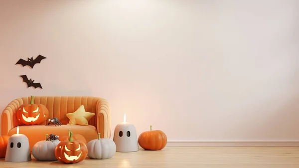 Halloween Party Wohnzimmer Mit Orangefarbenem Sofa Und Accessoires Dekoration Party — Stockfoto