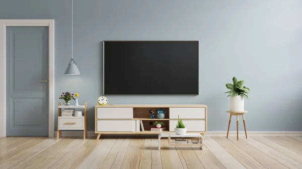 Smart Modré Barevné Stěně Obývacím Pokoji Minimální Design Vykreslování — Stock fotografie