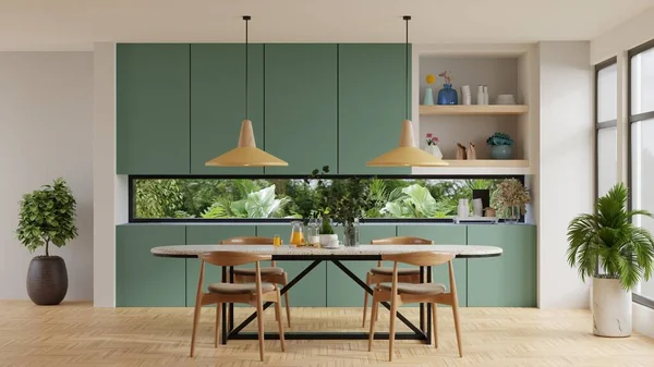 Cozy Modern kitchen room interior design with dark green wall.3d rendering