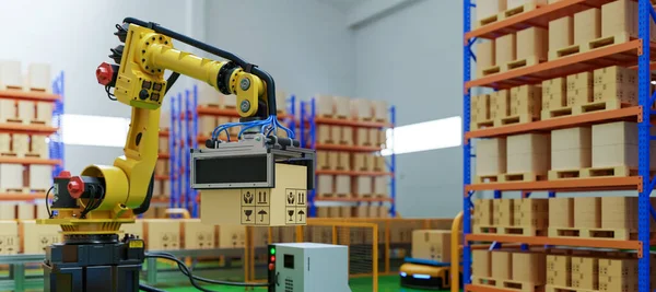 Factory Automation with robot arm picks up the box to AGV in transportation to increase transport more with safety.3d rendering
