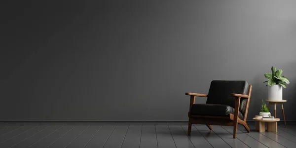 Living room interior wall mock up in black tones with leather armchair on dark wall.3d rendering