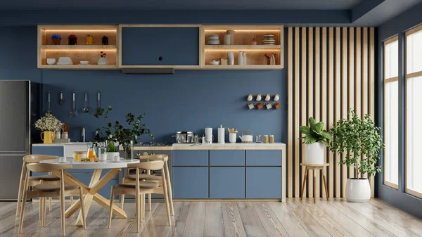Cozy modern kitchen room interior design with dark blue wall. 3d rendering