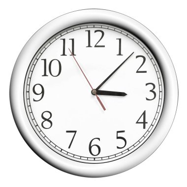 Modern bir ofis duvar saati. Üç boyutlu resimde beyaz bir arkaplanda izole edilmiş.