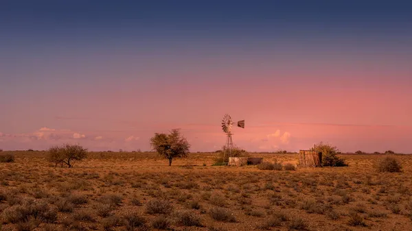 Wiatrak Zapierającym Dech Piersiach Krajobrazie Zachodzie Słońca Pustyni Kalahari Namibii — Zdjęcie stockowe