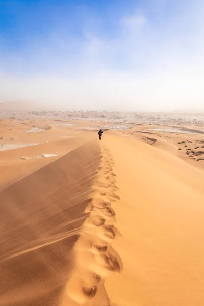 Small Figure Walking Desert Dunes Sunny Day Deadvlei Sossusvlei Namibia — Stock Photo, Image