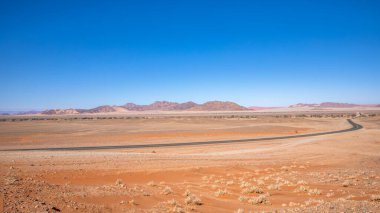 Namib Çölü, Namibya, Afrika 'daki Sossusvlei' ye uzanan Humpy kaldırım yolu. Kuru çalılar, ağaçlar, arka planda kum tepeleri ve dağlar..