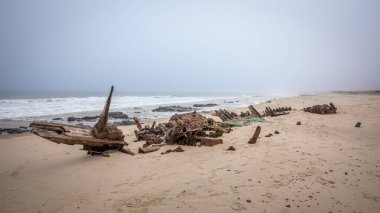 Benguela Eagle shipwreck, , which ran aground in 1973, on the C34-road between Henties Bay and Torra Bay in the Skeleton Coast area of Namibia. clipart