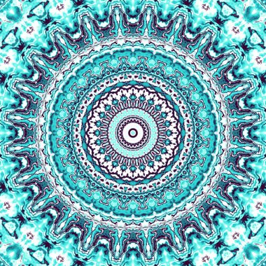 Soyut dijital geometrik desen. Yuvarlak mandala dekoratif desen. Yuvarlak turkuaz mandala süs deseni.