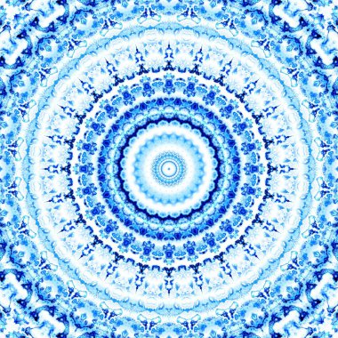 Soyut dijital fraktal model. Yuvarlak mandala dekoratif desen. Beyaz ve açık mavi renkler.