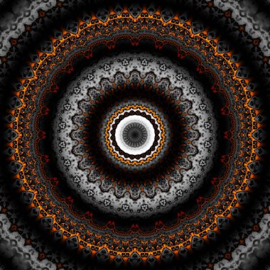 Soyut dijital fraktal model. Yuvarlak mandala dekoratif desen. Siyah arkaplanda altın desen.