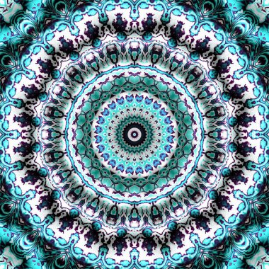 Soyut dijital geometrik desen. Yuvarlak mandala dekoratif desen. Yuvarlak turkuaz mandala süs deseni.