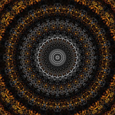 Soyut dijital fraktal model. Yuvarlak mandala dekoratif desen. Siyah arkaplanda altın desen.
