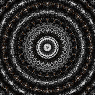 Soyut dijital fraktal model. Yuvarlak mandala dekoratif desen. Siyah arkaplanda altın desen.
