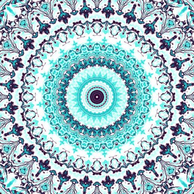 Soyut dijital geometrik desen. Yuvarlak mandala dekoratif desen. Yuvarlak turkuaz mandala süs deseni.