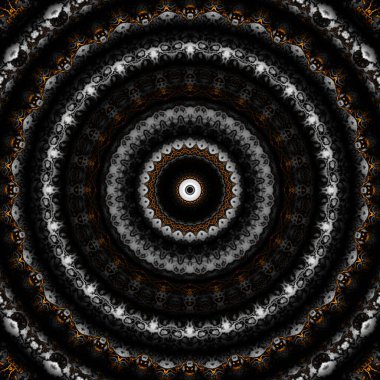 Soyut dijital fraktal model. Yuvarlak mandala dekoratif desen. Siyah arkaplanda altın desen.