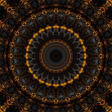 Soyut dijital fraktal model. Yuvarlak mandala dekoratif desen. Siyah arkaplanda altın desen.