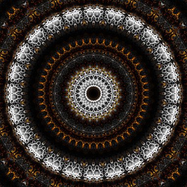 Soyut dijital fraktal model. Yuvarlak mandala dekoratif desen. Siyah arkaplanda altın desen.