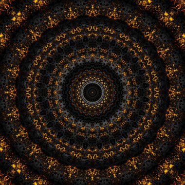 Soyut dijital fraktal model. Yuvarlak mandala dekoratif desen. Siyah arkaplanda altın desen.