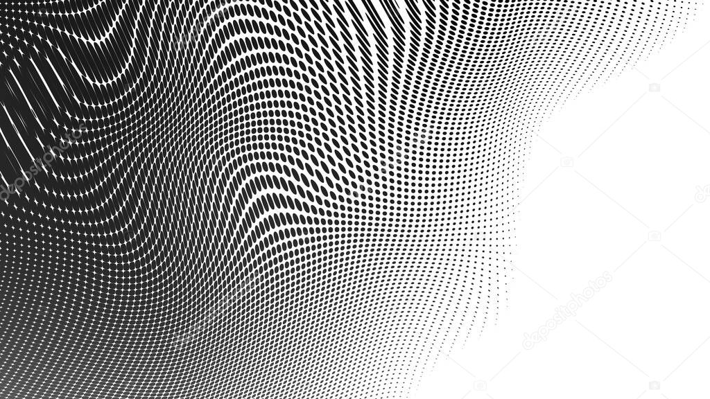 Abstract digital fractal pattern. Horizontal background with aspect ratio 16 : 9. Simple black and whitewavy halftone pattern.