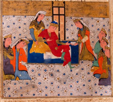 Nizami Ganjavi 'nin Haft Peykar şiiri için minyatür resim. Bahram Gur ve yedi güzel