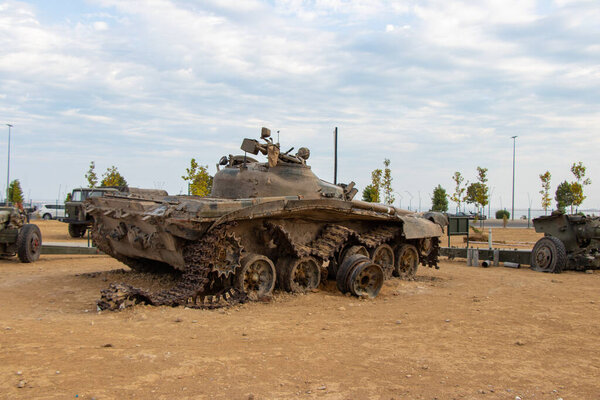Tank T-72 in The Military Trophy Park in Baku. Destroyed Armenian military vehicles.