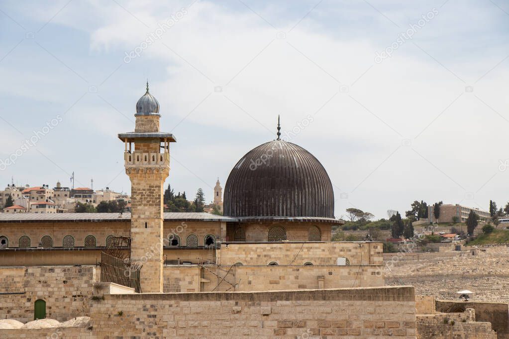 Al Aqsa Mosque, the third holiest site in Islam, with Mount of Olives in the background in Jerusalem, Israel.