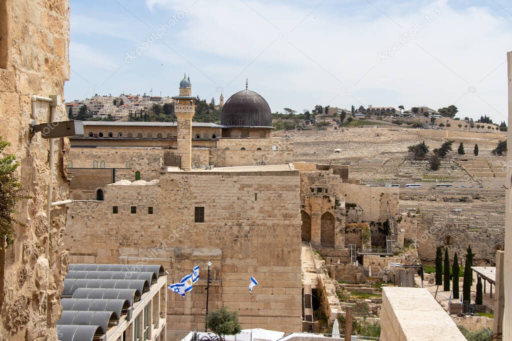 Temple Mount with Al-Aqsa Mosque and archeological excavation site in Jerusalem Old City.