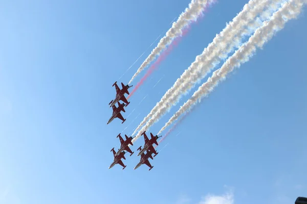 Turkish Stars jet air force demonstration Team Aerobatics performing.