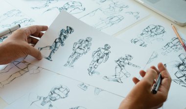 Animasyon tasarımcısı Geliştirme tasarım tasarımı tasarım geliştirme grafik poz karakterleri bilim-kurgu robot çizim animasyon animasyon animasyon video oyun film yapımı, animasyon tasarım stüdyosu.