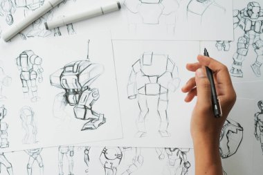 Animasyon tasarımcısı Geliştirme tasarım tasarımı tasarım geliştirme grafik poz karakterleri bilim-kurgu robot çizim animasyon animasyon animasyon video oyun film yapımı, animasyon tasarım stüdyosu.