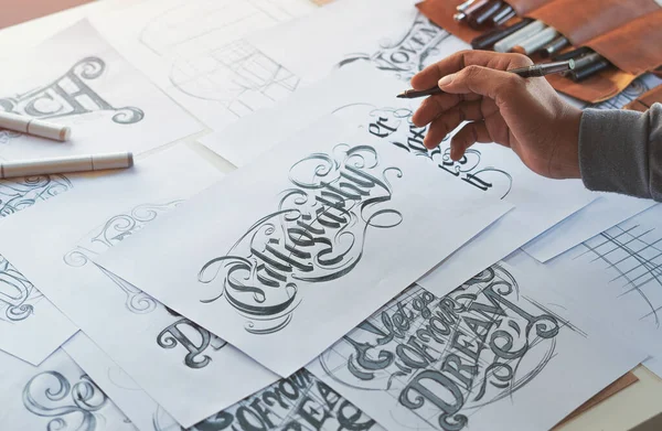 Typography Calligraphy Artist Designer Drawing Sketch Writes Letting Spelled Pen — Fotografia de Stock