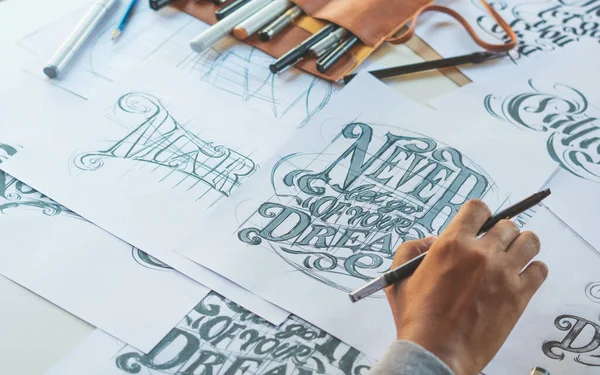 Typography Calligraphy Artist Designer Drawing Sketch Writes Letting Spelled Pen — Photo