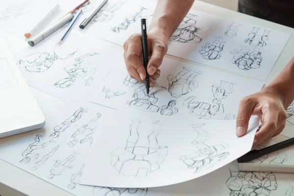 Desainer Animator Development Merancang Gambar Pengembangan Sketsa Menciptakan Karakter Pose — Stok Foto