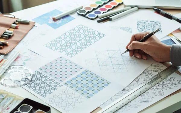 Tervező Rajz Vázlat Minta Geometrikus Virág Zökkenőmentes Tapéta Szövet Textil — Stock Fotó