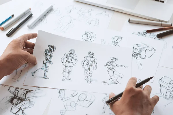 Desainer Animator Development Merancang Gambar Pengembangan Sketsa Menciptakan Karakter Pose — Stok Foto