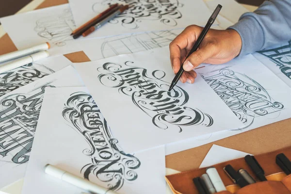 Typography Calligraphy Artist Designer Drawing Sketch Writes Letting Spelled Pen — Photo
