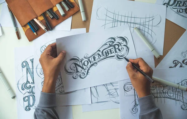 Typography Calligraphy Artist Designer Drawing Sketch Writes Letting Spelled Pen — Fotografia de Stock