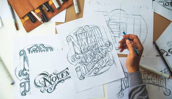 Typography Calligraphy Artist Designer Drawing Sketch Writes Letting Spelled Pen — Stok fotoğraf