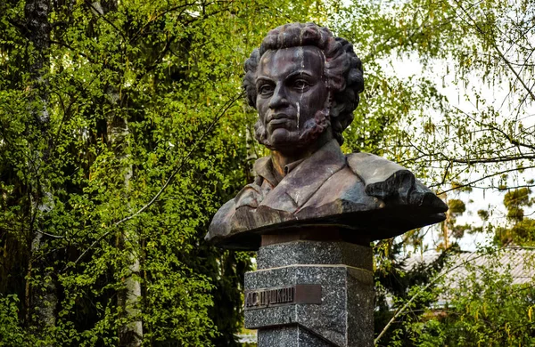 POLTAVA, UKRAINE - MAY 1, 2022: Bronze monument to the Russian poet Alexander Pushkin against the backdrop of green trees during the day