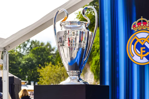 KYIV, UKRAINE 26 Mayıs 2018: Olimpiyat Stadyumu 'nda oynanan 2018 UEFA Şampiyonlar Ligi final maçı sırasında UEFA Şampiyonlar Ligi resmi kupası 